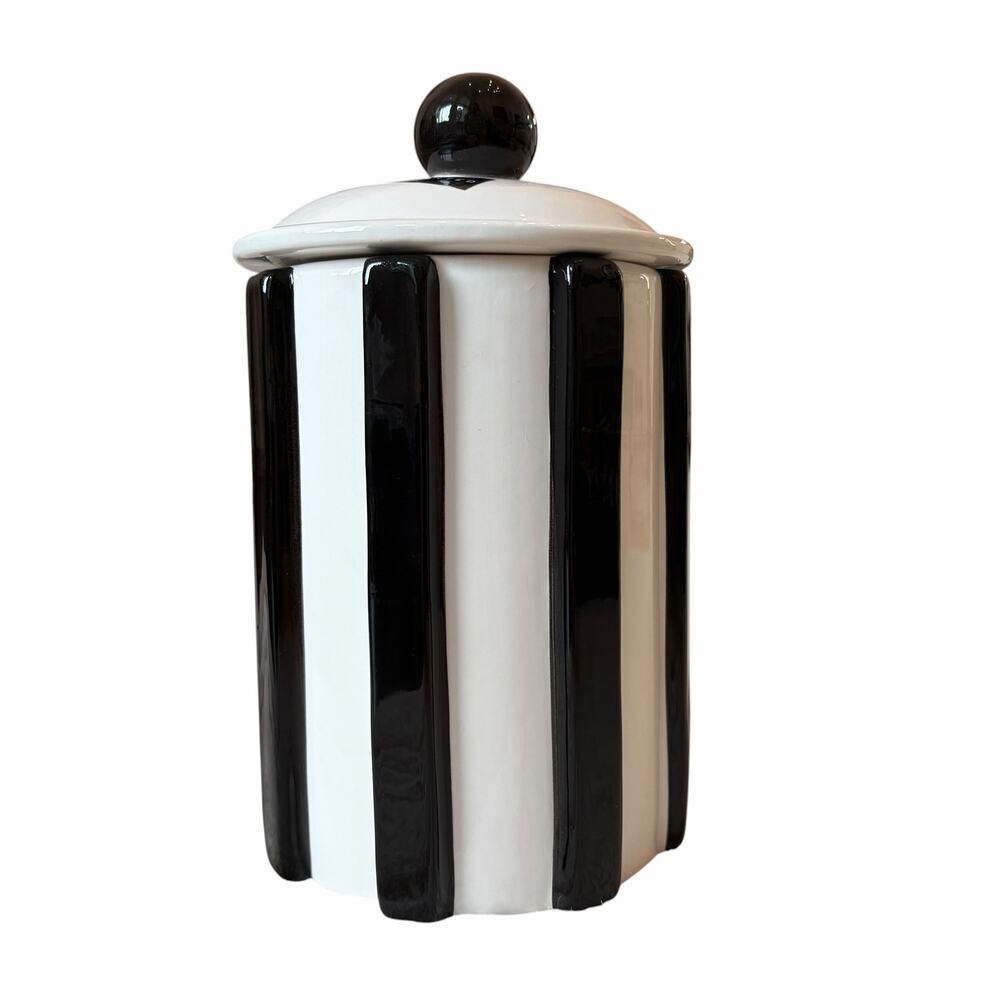 Striped Ceramic Canister w/ Lid Black & White 9x5 by Dwell Studio New